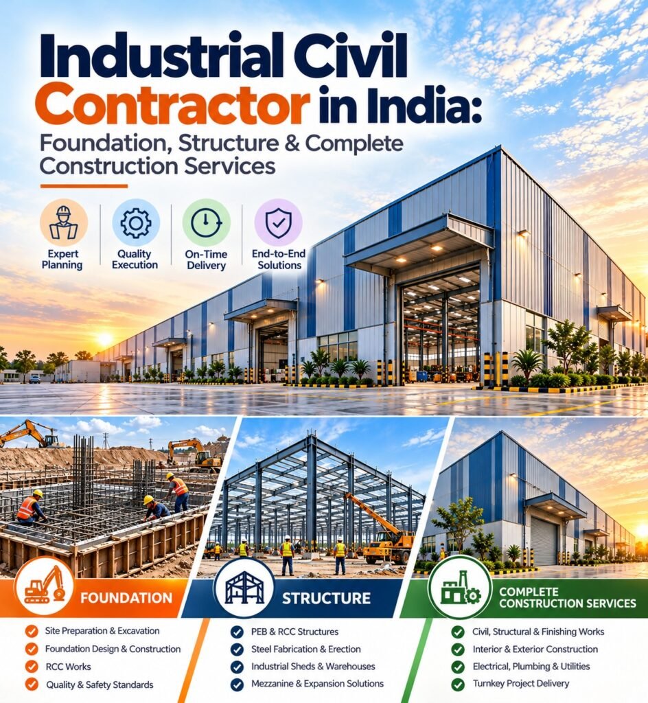 An industrial civil contractor in India manages civil construction work for factories, warehouses, manufacturing plants, industrial parks, and commercial facilities. Services may include site preparation, foundation construction, reinforced concrete work, flooring, drainage, and structural coordination.